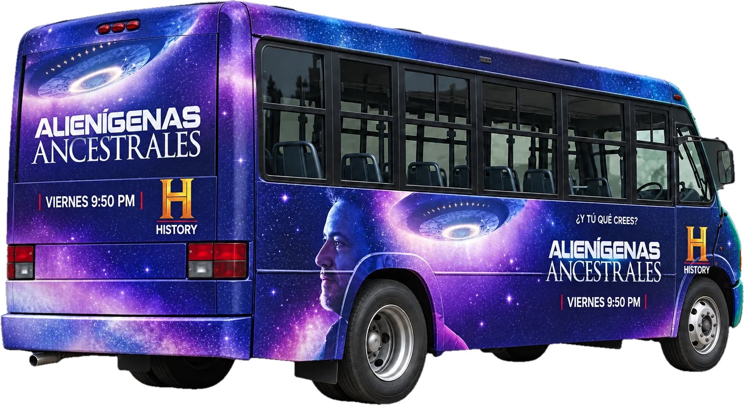 Camión rotulado con la campaña Alienígenas Ancestrales de History